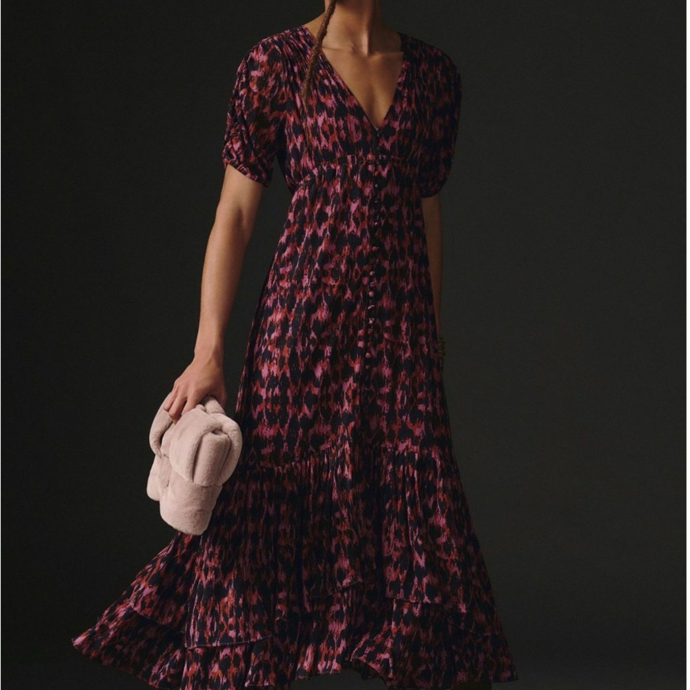 Anthropologie Printed Ruched-Sleeve Maxi